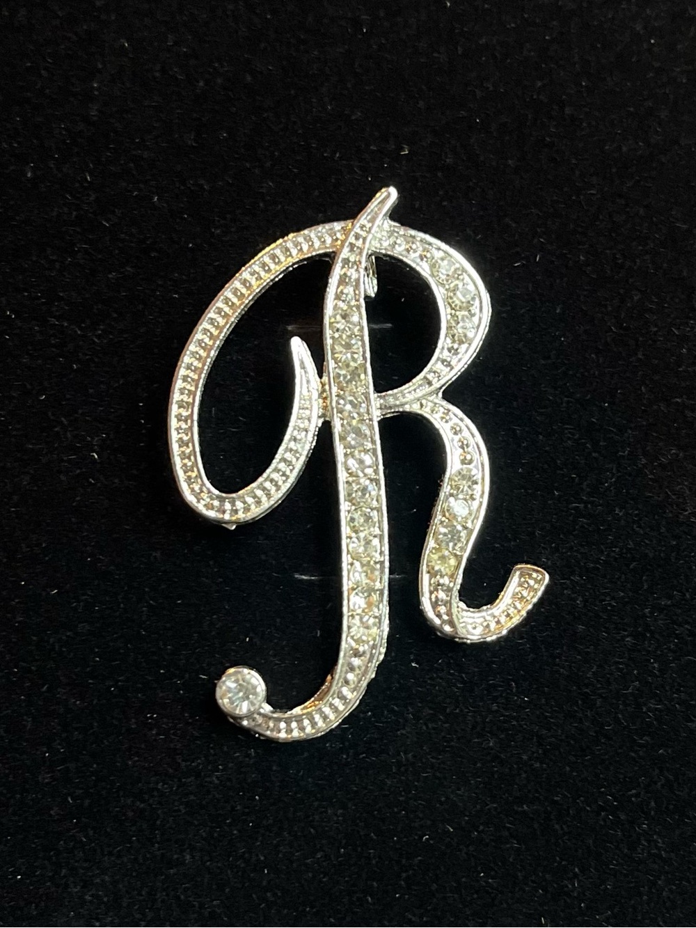 Brooch Crystal Initial 'R'- Silver Tone, clear rhinestones on silver tone base